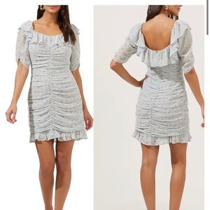 Floral Ditsy Ruffle Neck Ruched Dress- light blue- Large
ASTR THE LABEL